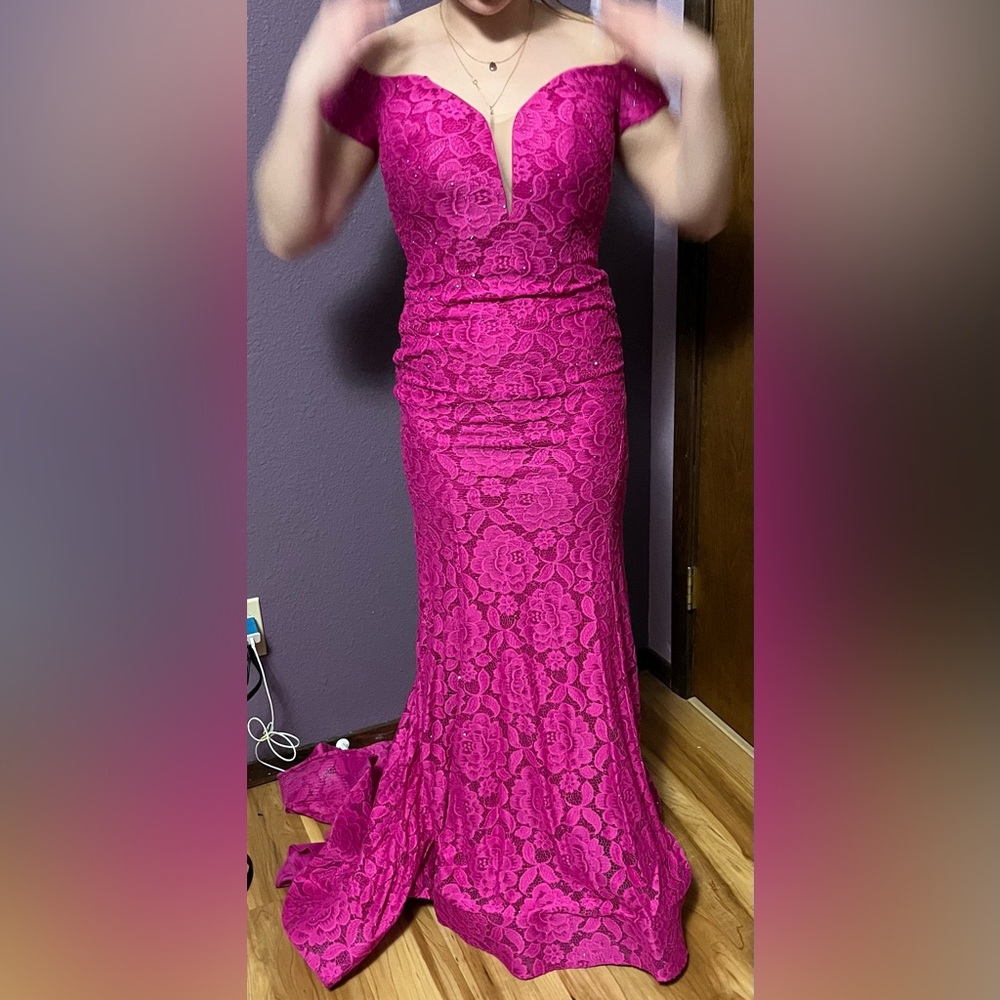 La Femme off shoulder formal floor legth dress